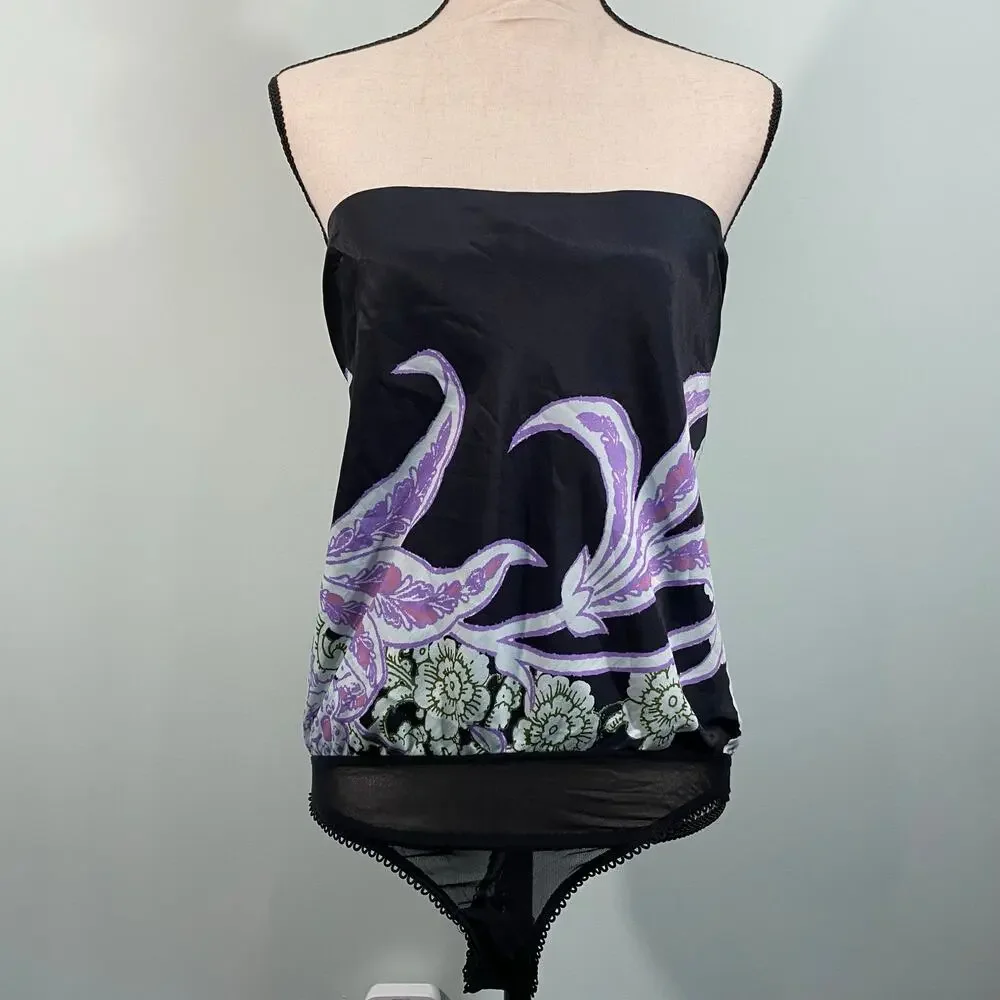 Free People Black Floral Strapless Satin Feel Spellbound Bodysuit Size S